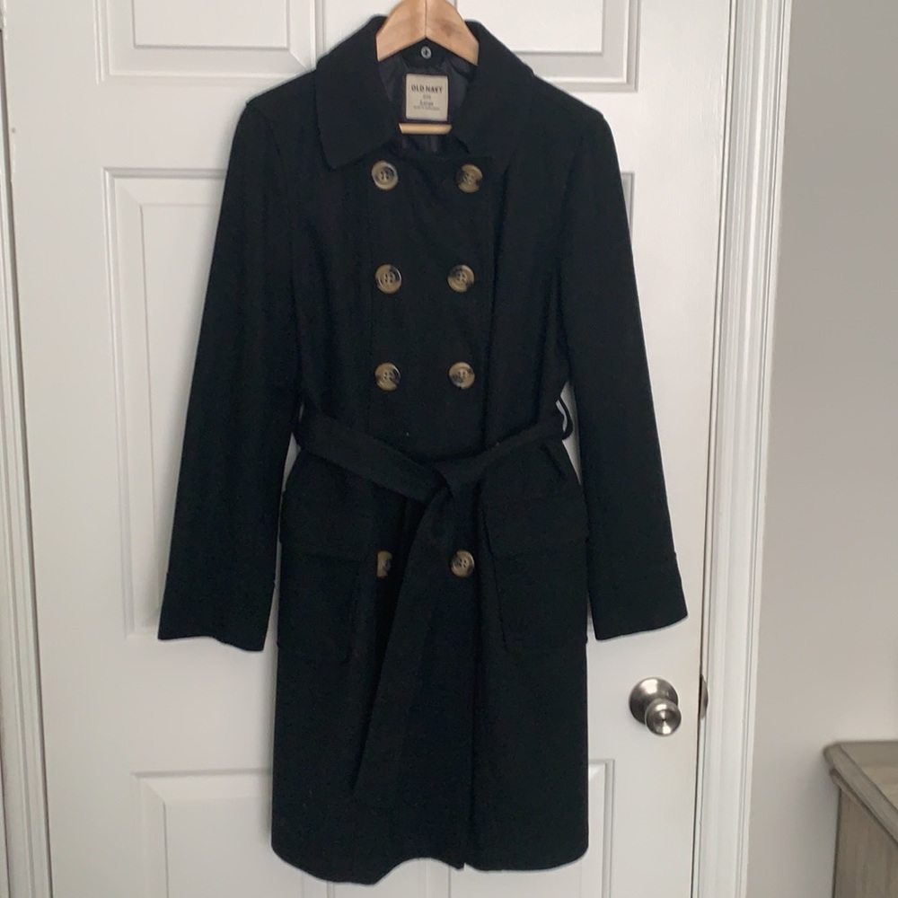 Old Navy Long Black Double Breasted Coat. Size L - Picture 2 of 4